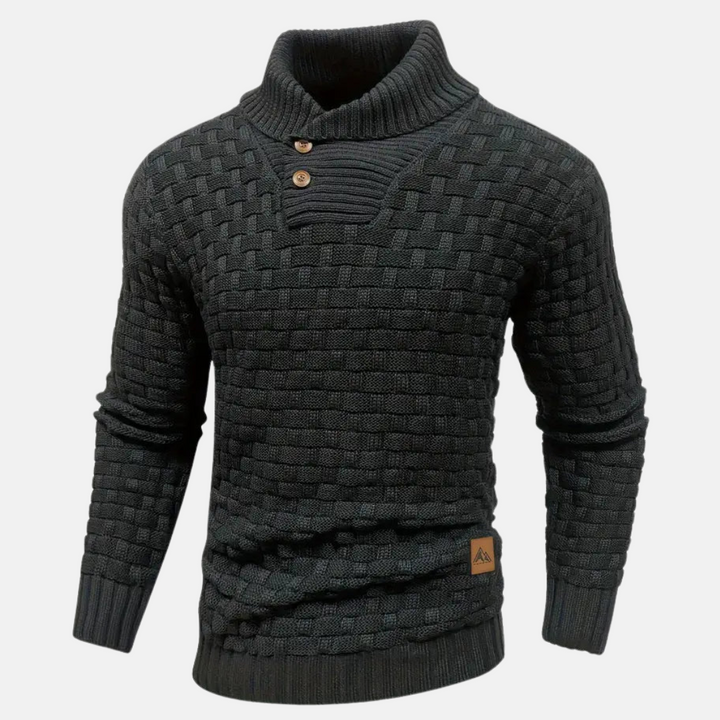 Sweter z Kołnierzem Szalowym | Dzianina Koszykowa | Guziki Dekoracyjne | Styl Casual z Charakterem