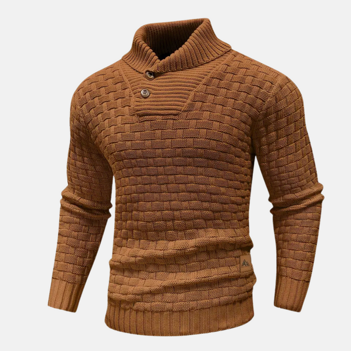 Sweter z Kołnierzem Szalowym | Dzianina Koszykowa | Guziki Dekoracyjne | Styl Casual z Charakterem