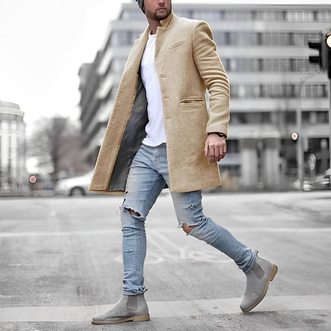 Męski Płaszcz z Kołnierzem Stójką | Elegancki Fason | Lekka Tkanina | Na Wiosnę i Jesień