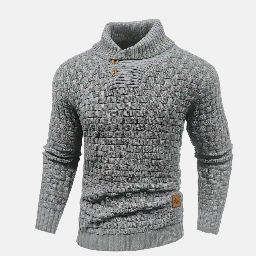 Sweter z Kołnierzem Szalowym | Dzianina Koszykowa | Guziki Dekoracyjne | Styl Casual z Charakterem