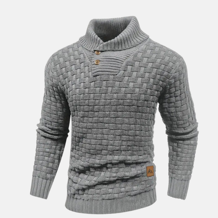 Sweter z Kołnierzem Szalowym | Dzianina Koszykowa | Guziki Dekoracyjne | Styl Casual z Charakterem