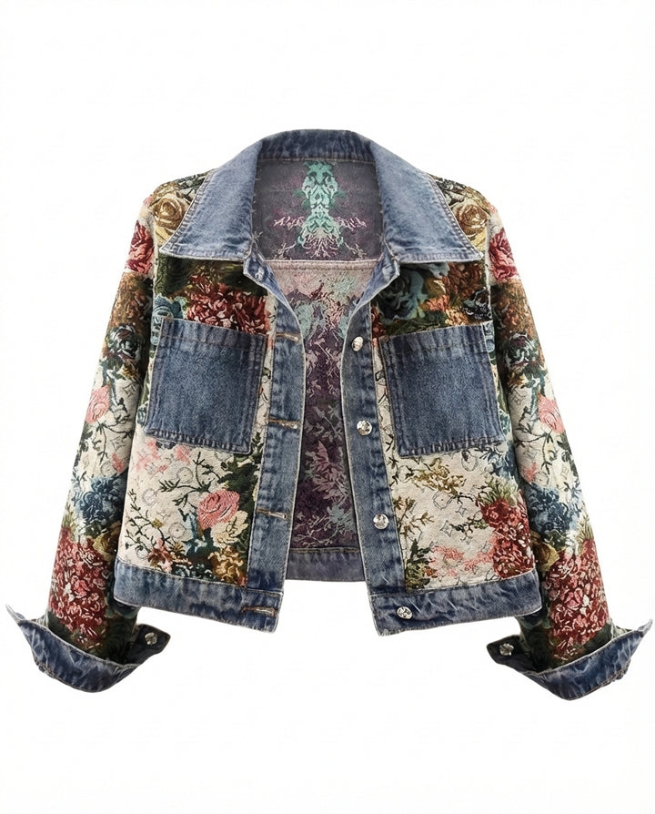 Kurtka Dżinsowa Damska Dzinsowka | Luźny Krój | Kwiatowe Detale | Na Co Dzień