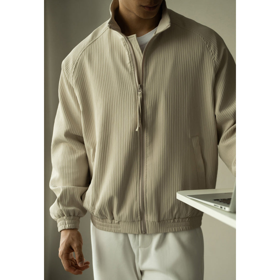 Męska Kurtka z Prążkowanej Tkaniny | Minimalistyczny Krój | Zamek Błyskawiczny | Styl Casual