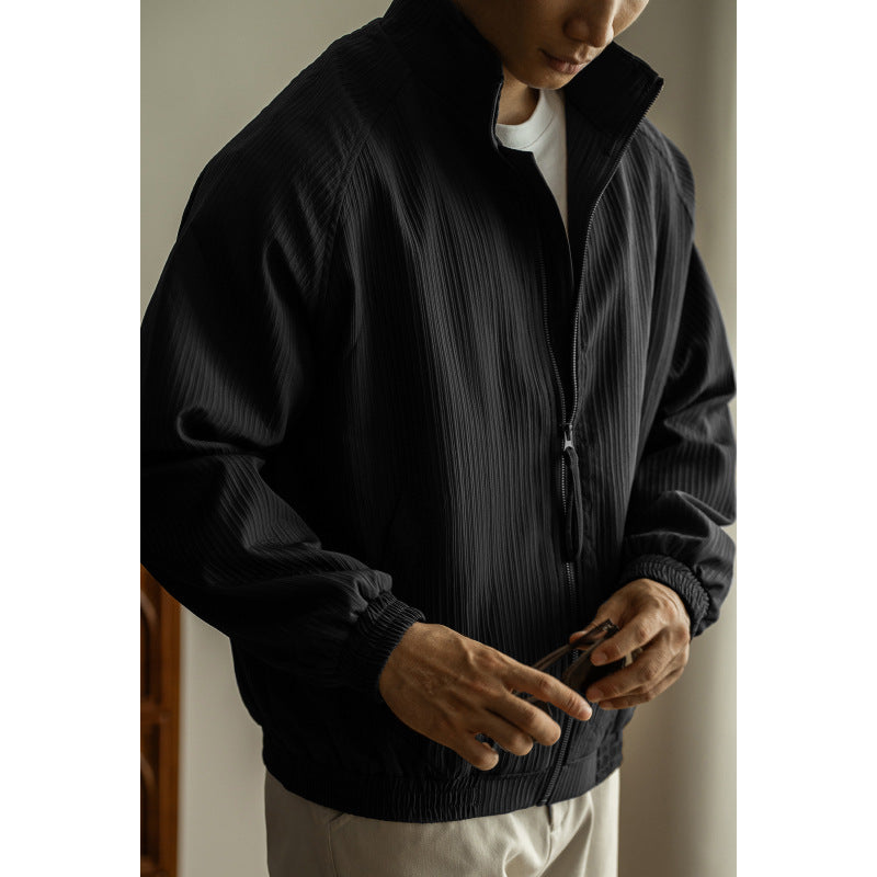 Męska Kurtka z Prążkowanej Tkaniny | Minimalistyczny Krój | Zamek Błyskawiczny | Styl Casual