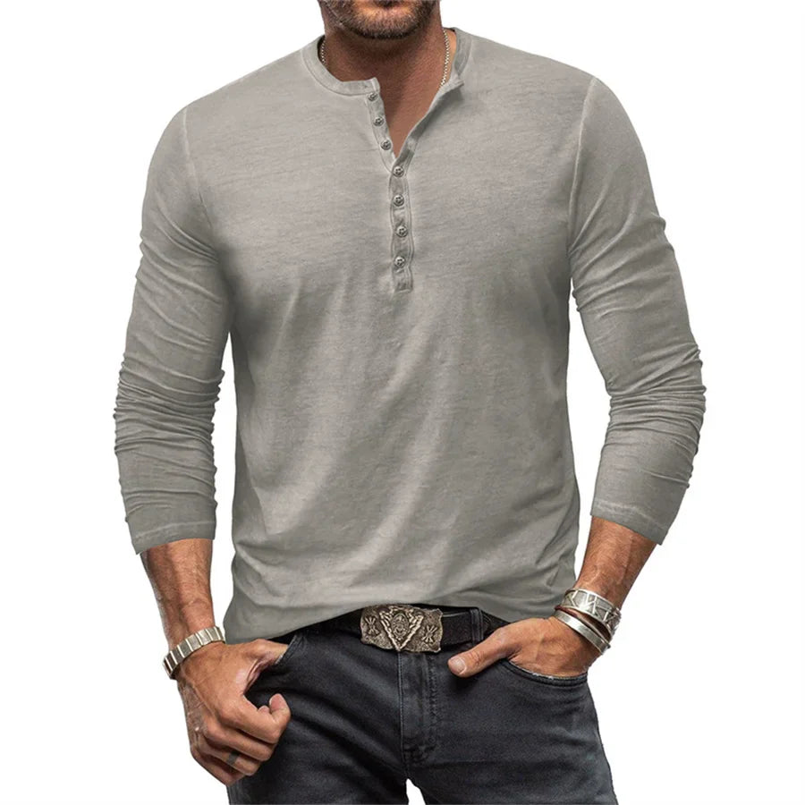 Męska Koszulka z Długim Rękawem i Guzikami | Styl Casual | Dekolt Henley