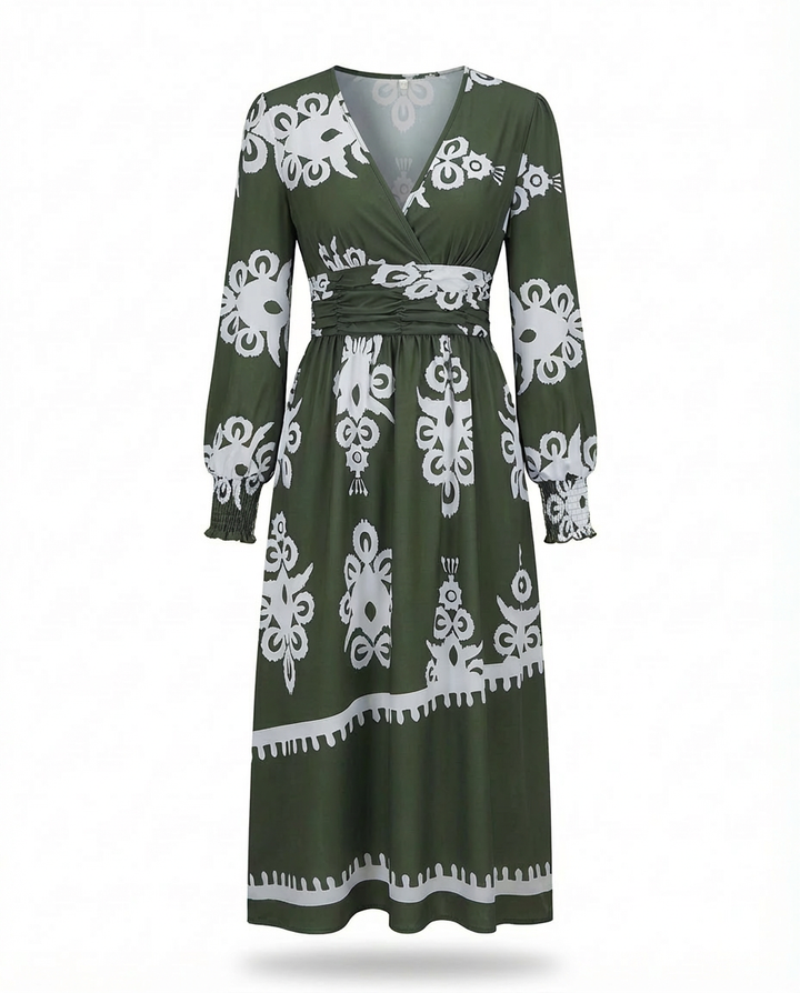 Sukienka Damska Midi Elegancka | Dopasowany Krój | Bufiaste Rękawy | Na Co Dzień