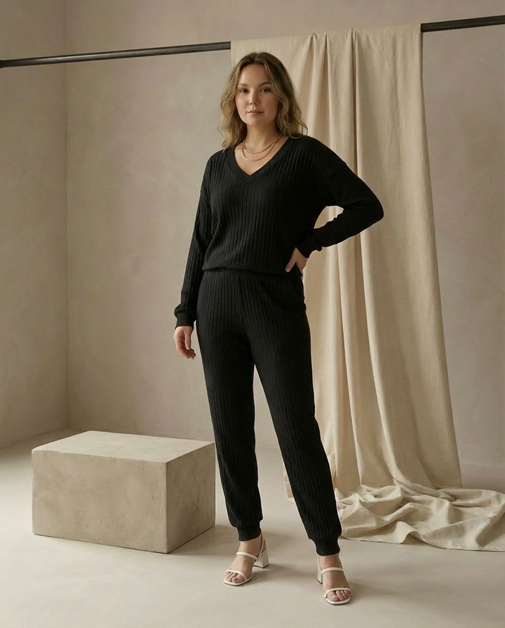 Damski Komplet Dzianinowy | Prążkowana Tkanina | Swobodny Krój | Na Co Dzień i Do Domu - 3