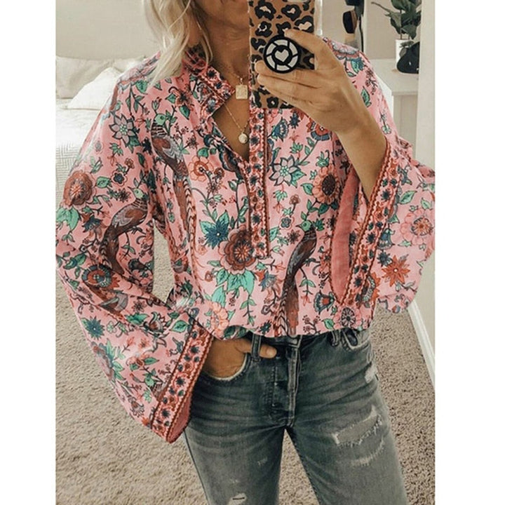 Damska Bluzka w Stylu Boho z Kwiatowym Printem | Luźny Krój z Długim Rękawem | Lekki Materiał na Co Dzień