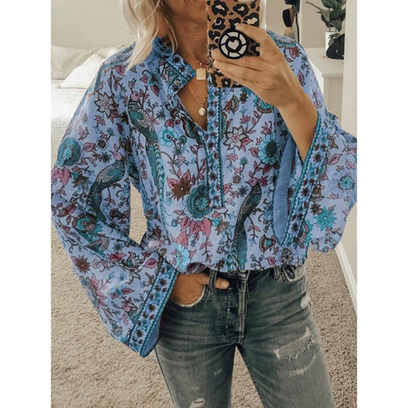 Damska Bluzka w Stylu Boho z Kwiatowym Printem | Luźny Krój z Długim Rękawem | Lekki Materiał na Co Dzień