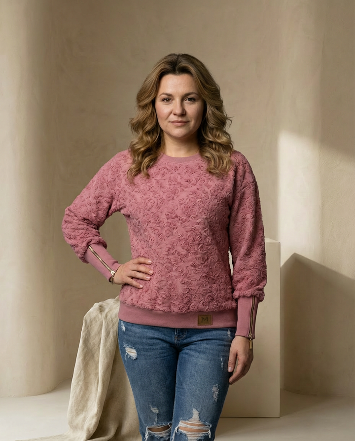 Bella Damska Bluza | Tłoczony Motyw, Miękka Faktura, Zamek przy Rękawie - 3