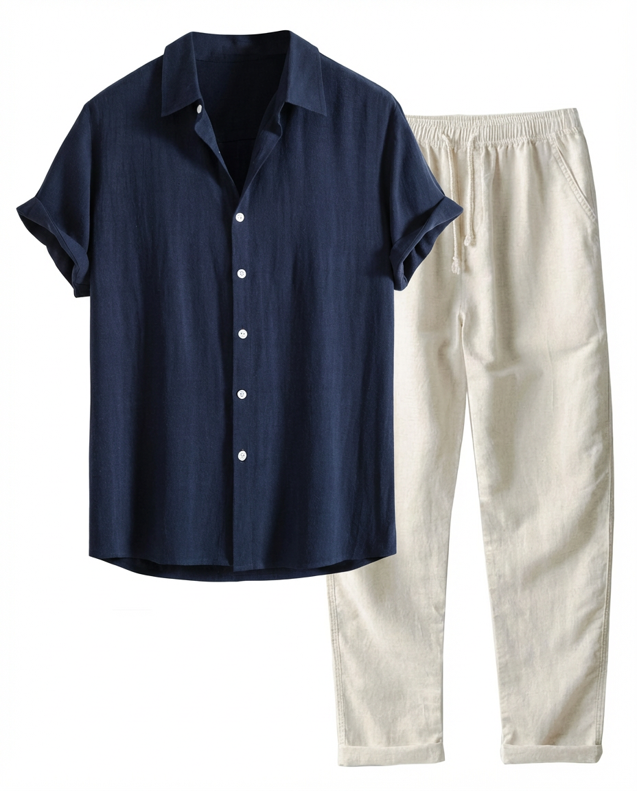 Zestaw Męski Koszula i Spodnie | Luźny Krój | Lekki Len | Na Lato