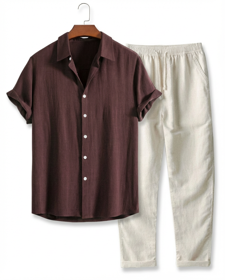 Zestaw Męski Koszula i Spodnie | Luźny Krój | Lekki Len | Na Lato