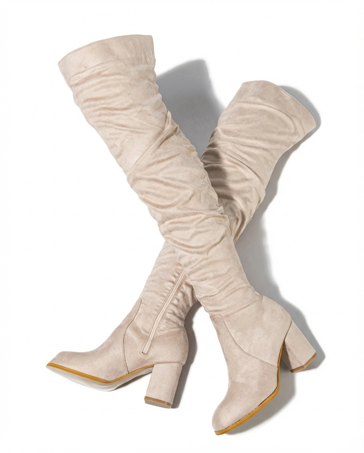 Kozaki Za Kolano Damskie | Zamszowy Efekt | Obcas Słupkowy | Styl na Jesień i Zimę - 10