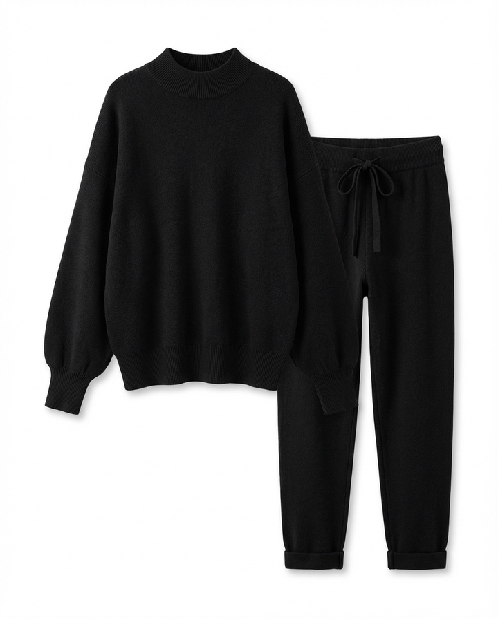 Daisy Dwuczęściowy Zestaw Domowy | Luźny Sweter z Golfem, Spodnie z Wysokim Stanem - 1