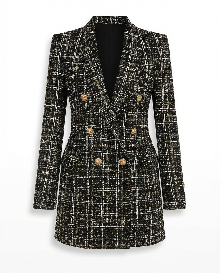 Zara Długi Żakiet Damski | Tkanina Bouclé, Klasyczna Krata, Złote Guziki - 1