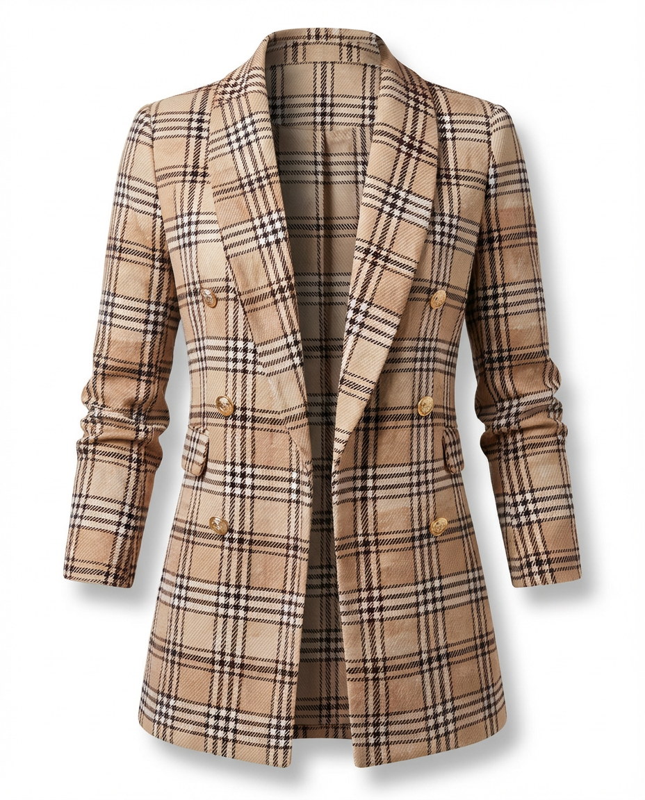 Zara Długi Żakiet Damski | Tkanina Bouclé, Klasyczna Krata, Złote Guziki - 9