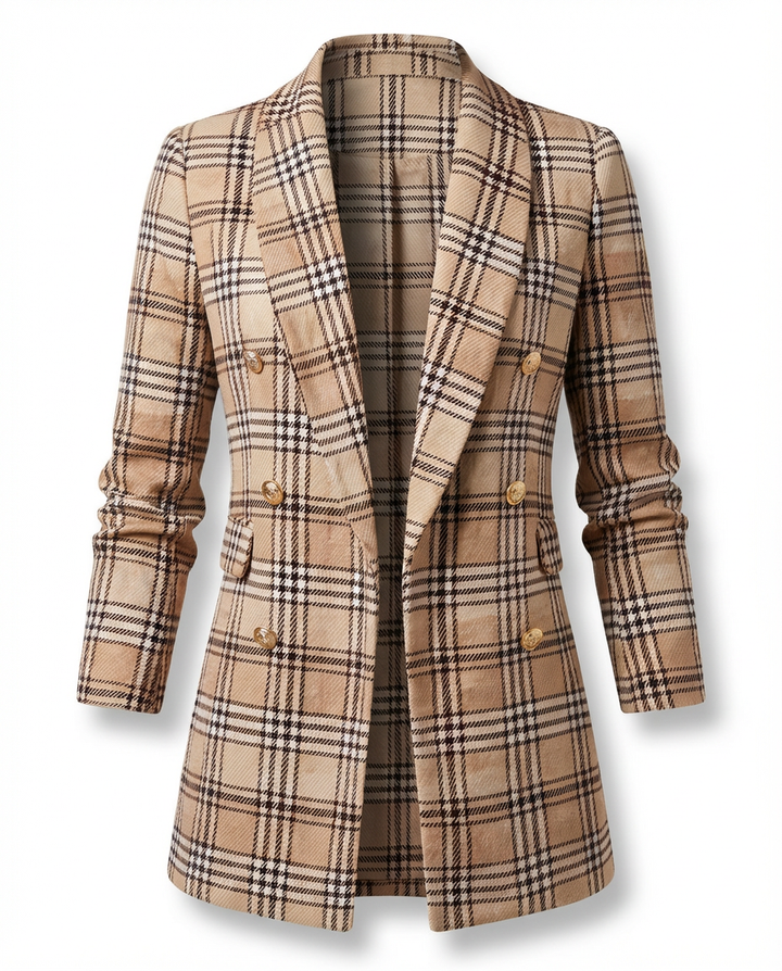 Zara Długi Żakiet Damski | Tkanina Bouclé, Klasyczna Krata, Złote Guziki - 9