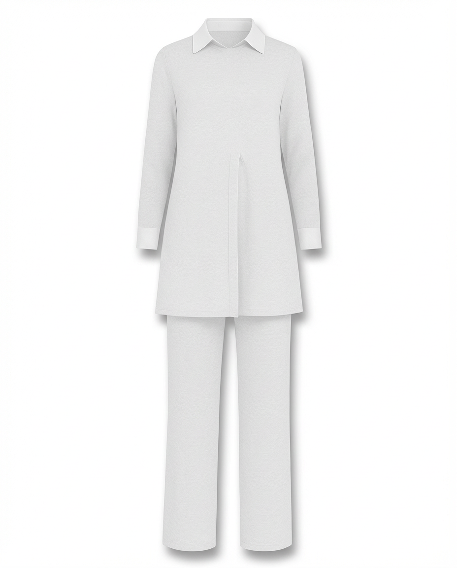 Komplet z Tunika Koszulową | Elegancki Minimalizm | Długie Spodnie i Długi Rękaw - 9