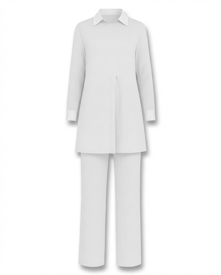 Komplet z Tunika Koszulową | Elegancki Minimalizm | Długie Spodnie i Długi Rękaw - 9