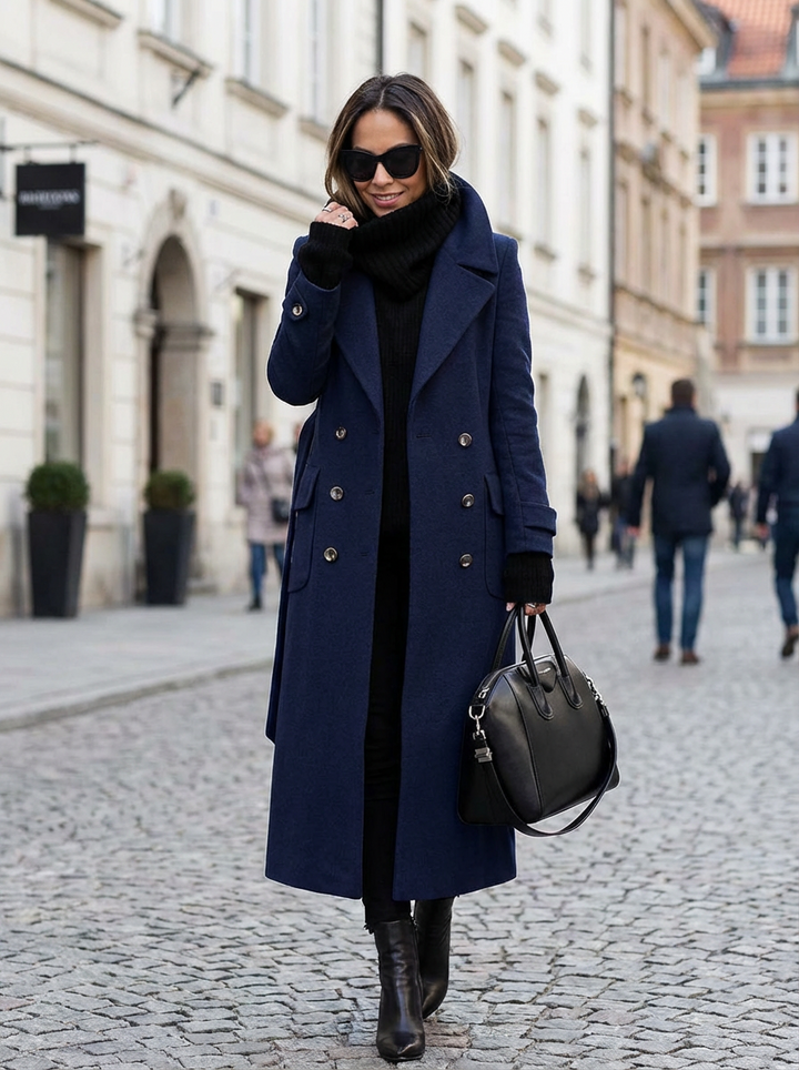 Płaszcz Damski Dwurzędowy | Długość Maxi | Klasyczny Kołnierz | Strukturalny Krój