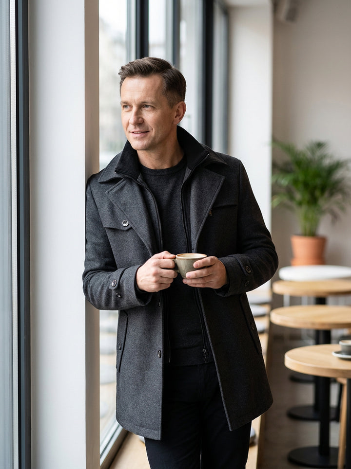 Męski Płaszcz z Podszewką i Stójką | Klasyczny Krój | Jesienno-Zimowy Styl