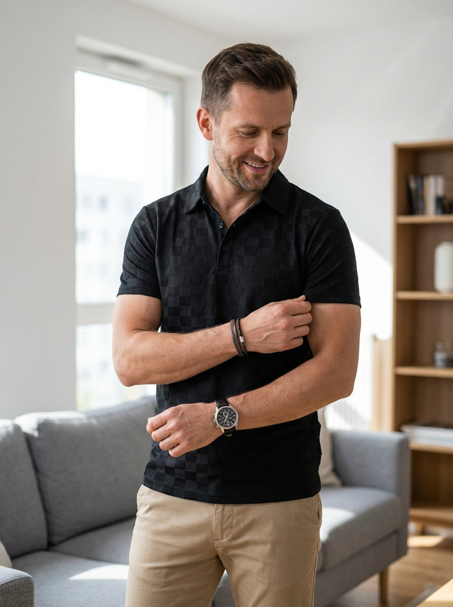 Koszulka Polo z Wzorem Szachownicy | Krótki Rękaw | Elegancka i Wygodna