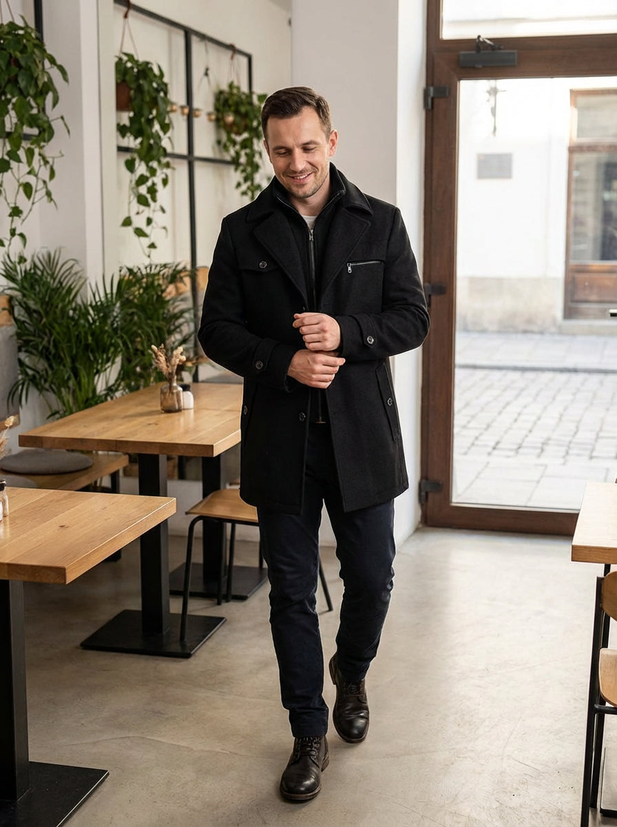 Męski Płaszcz z Podszewką i Stójką | Klasyczny Krój | Jesienno-Zimowy Styl