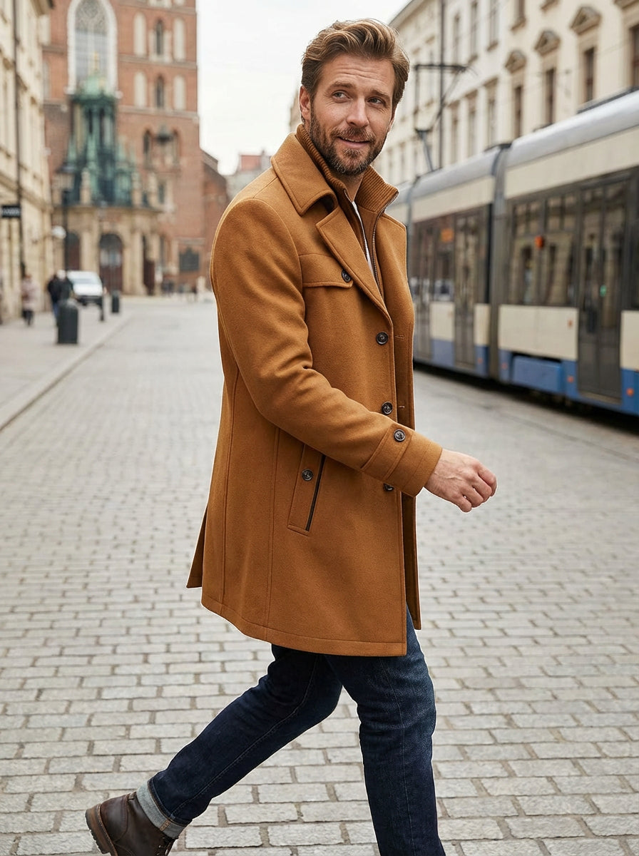 Męski Płaszcz z Podszewką i Stójką | Klasyczny Krój | Jesienno-Zimowy Styl