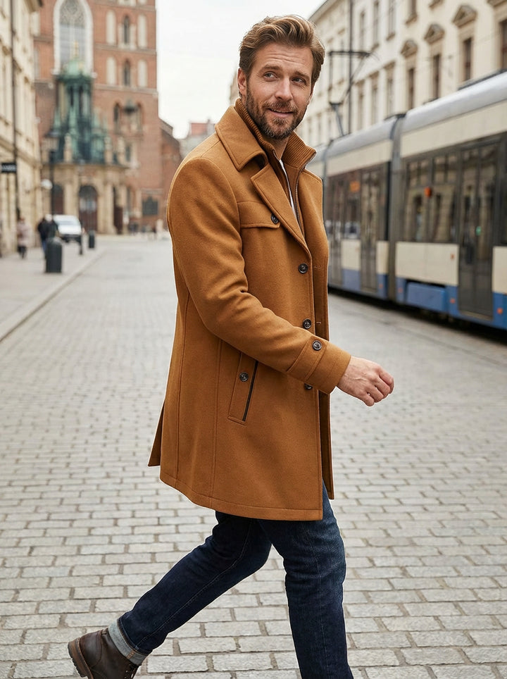 Męski Płaszcz z Podszewką i Stójką | Klasyczny Krój | Jesienno-Zimowy Styl