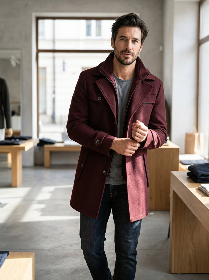 Męski Płaszcz z Podszewką i Stójką | Klasyczny Krój | Jesienno-Zimowy Styl