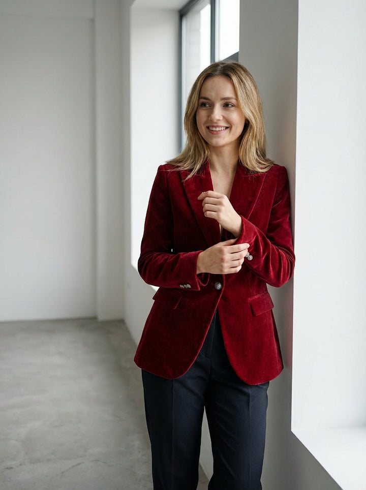 Damska Marynarka z Aksamitu | Klasyczny Krój | Jednorzędowe Zapięcie