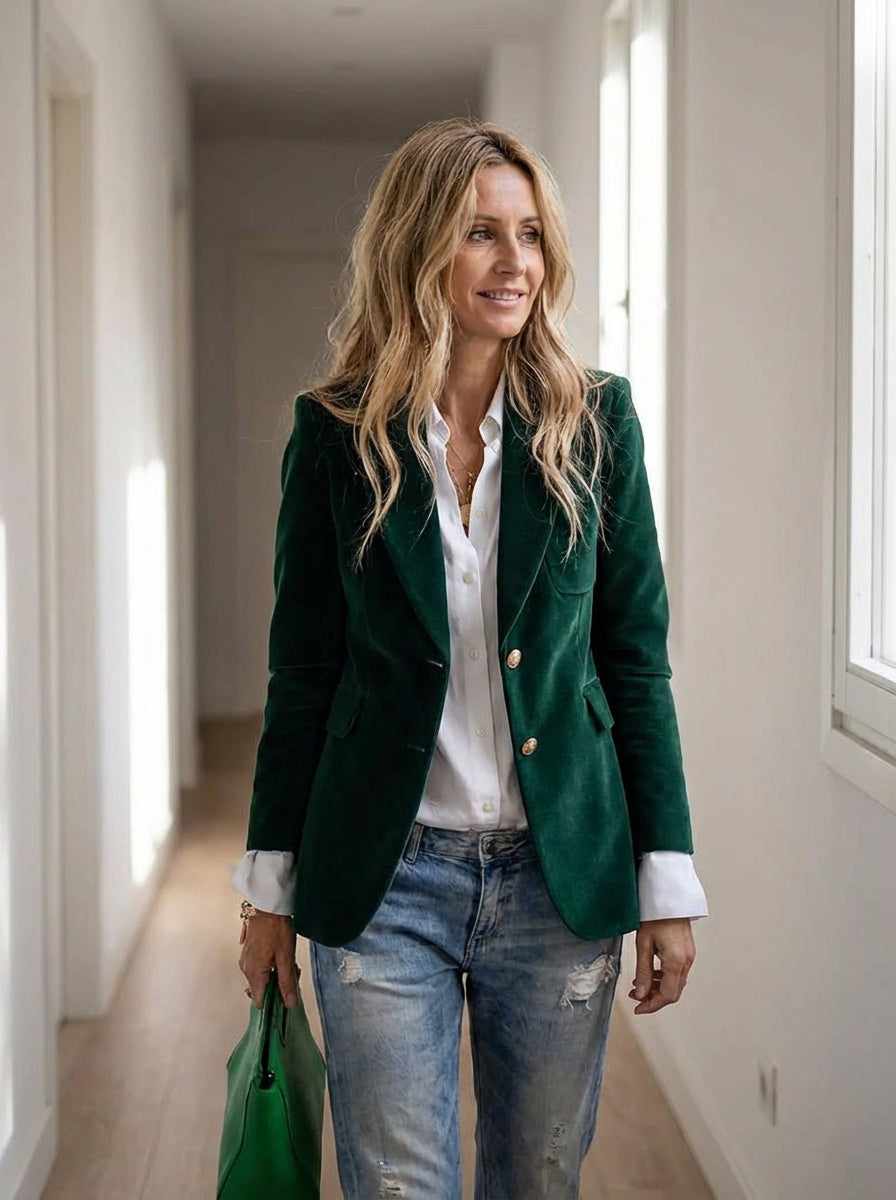 Damska Marynarka z Aksamitu | Klasyczny Krój | Jednorzędowe Zapięcie