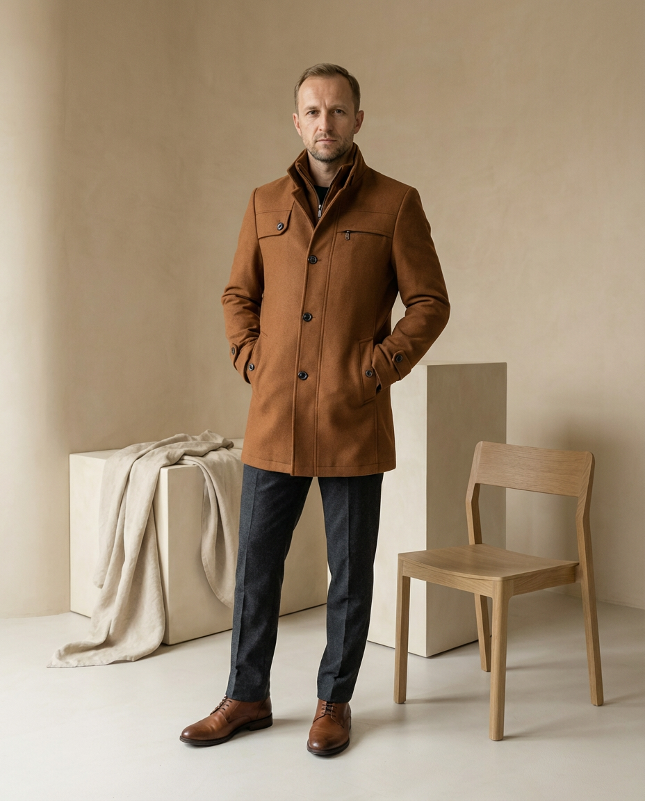 Męski Płaszcz z Podszewką i Stójką | Klasyczny Krój | Jesienno-Zimowy Styl - 4