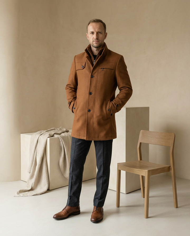 Męski Płaszcz z Podszewką i Stójką | Klasyczny Krój | Jesienno-Zimowy Styl - 4