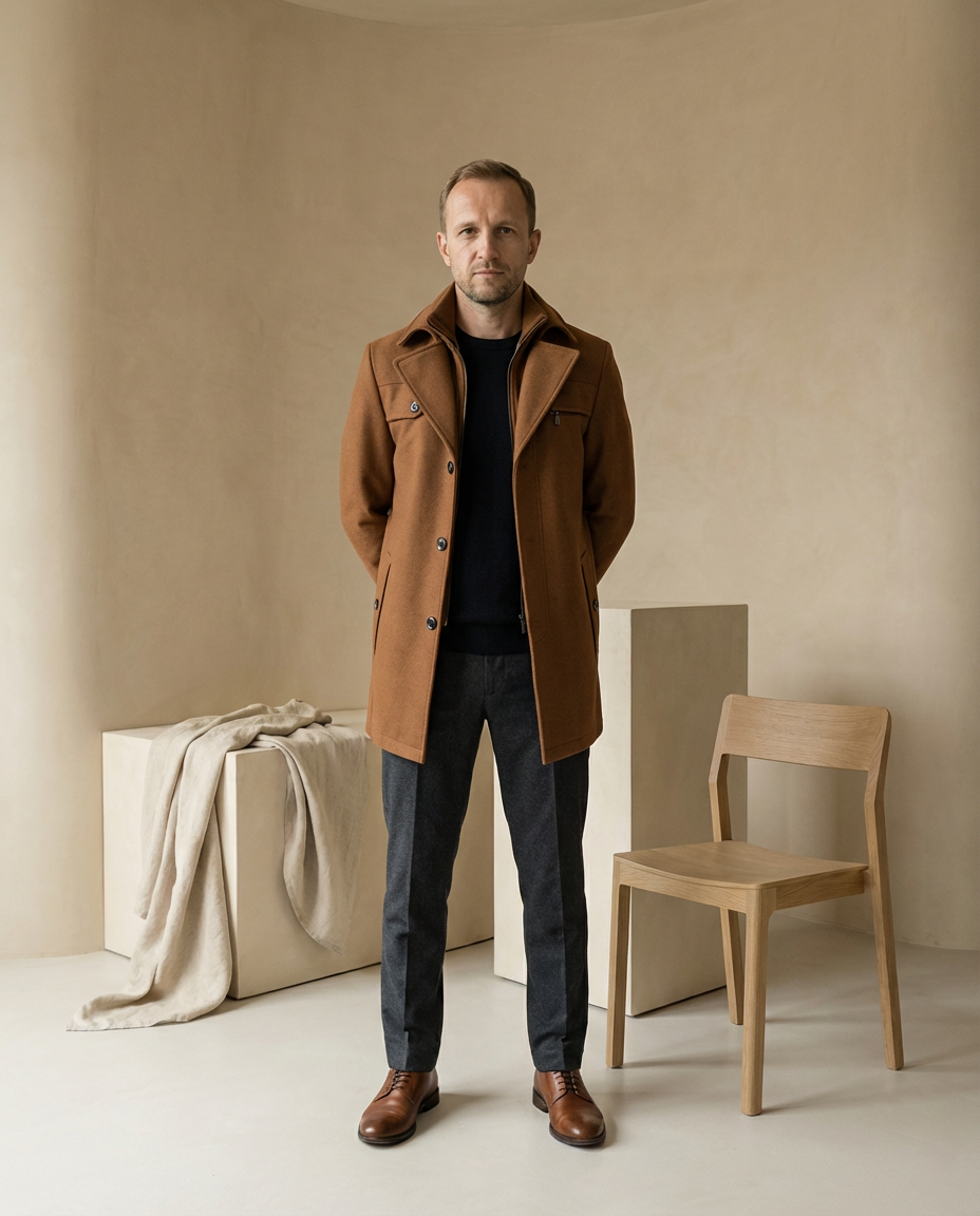 Męski Płaszcz z Podszewką i Stójką | Klasyczny Krój | Jesienno-Zimowy Styl - 5