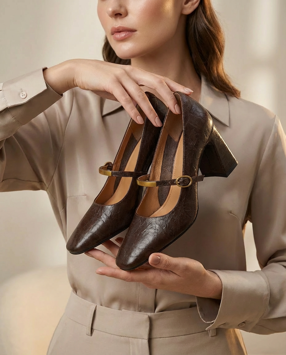 Szpilki Damskie Skórzane Mary Jane | Klasyczny Krój | Stabilny Obcas | Na Co Dzień