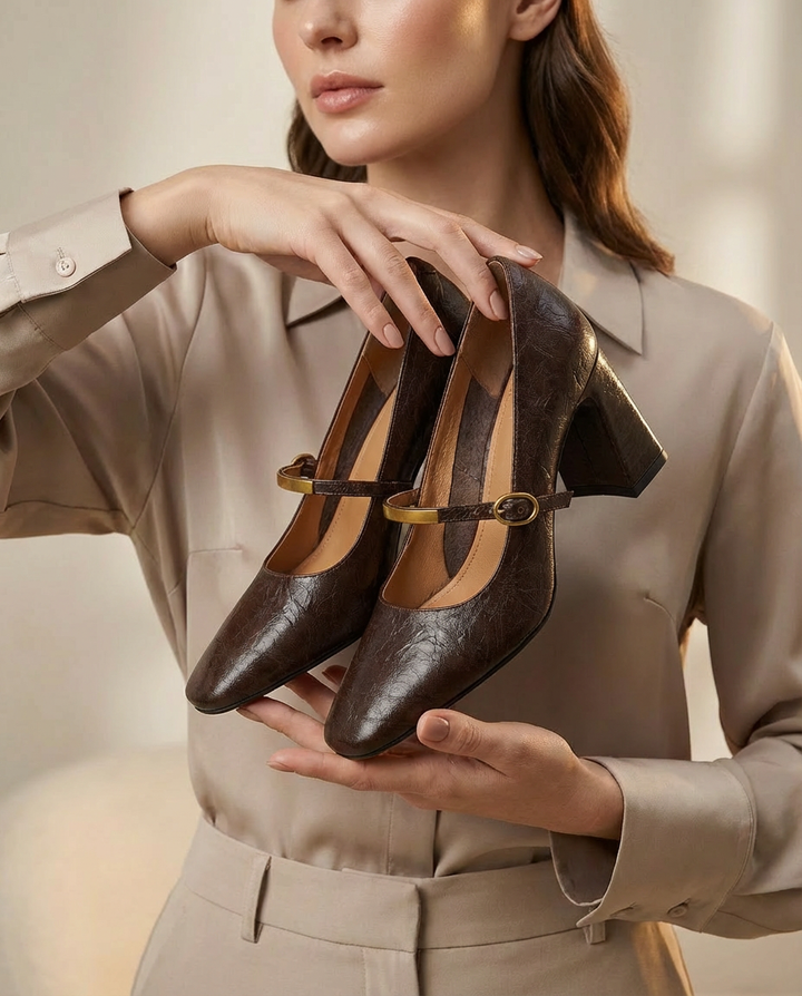 Szpilki Damskie Skórzane Mary Jane | Klasyczny Krój | Stabilny Obcas | Na Co Dzień