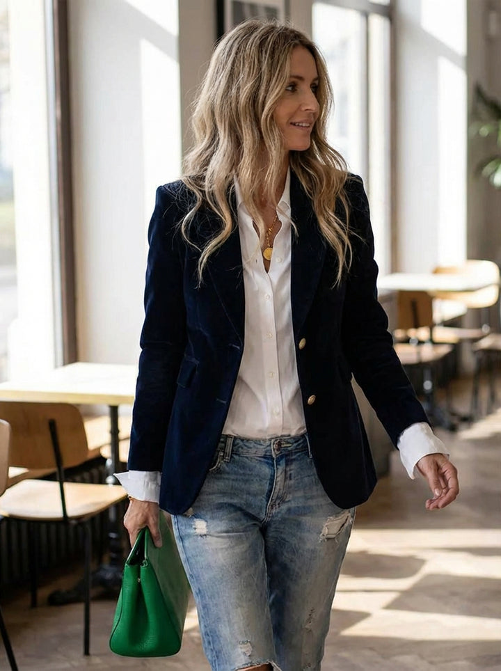 Damska Marynarka z Aksamitu | Klasyczny Krój | Jednorzędowe Zapięcie