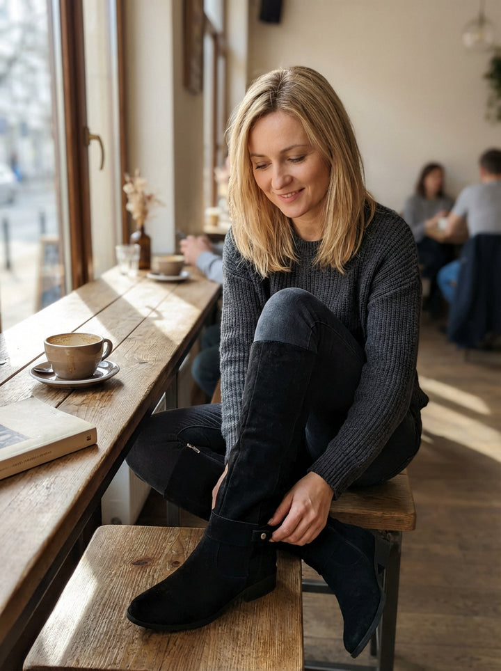 Damskie Kozaki z Zamszowym Wykończeniem | Wysoka Cholewka | Płaski Obcas | Stylowe na Jesień i Zimę