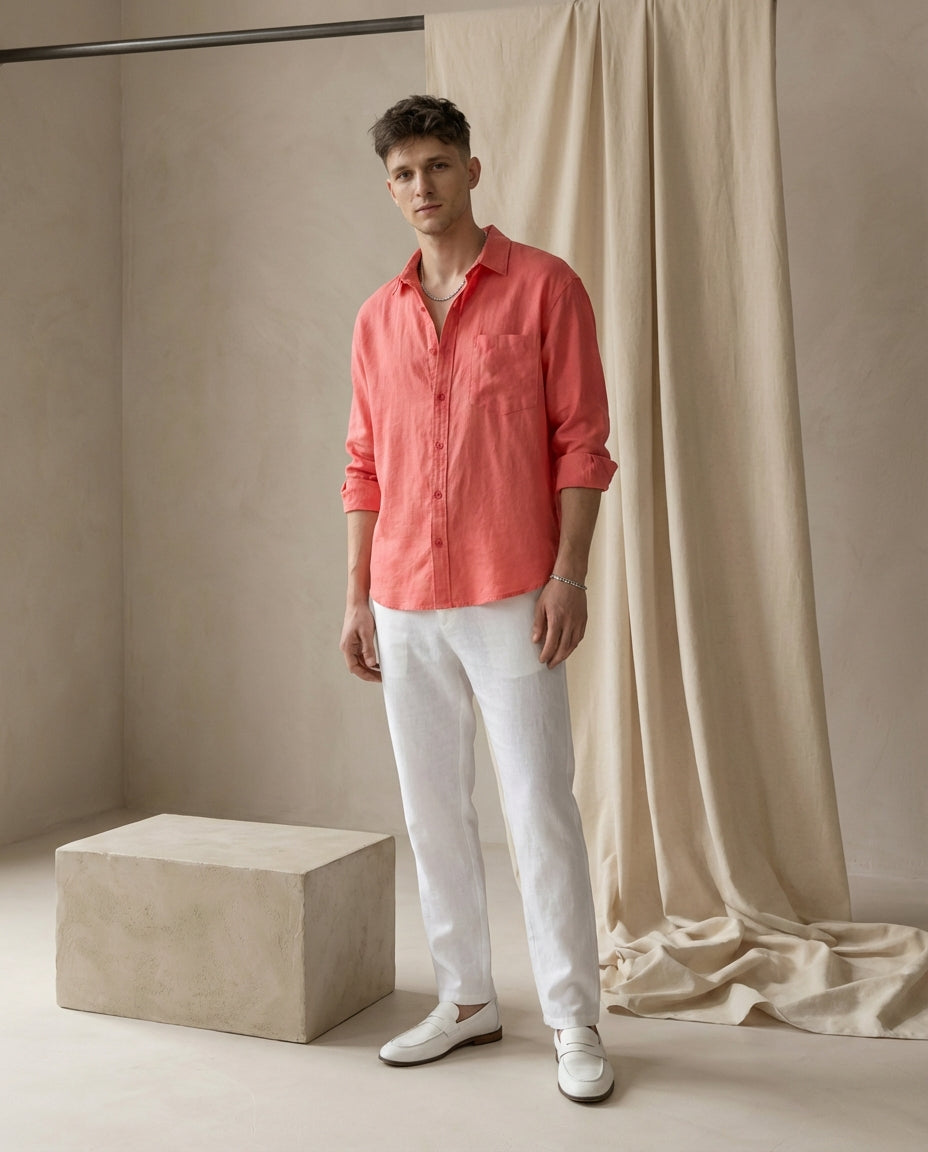 Koszula lniana męska | Luźny krój | Praktyczna kieszeń | Na lato