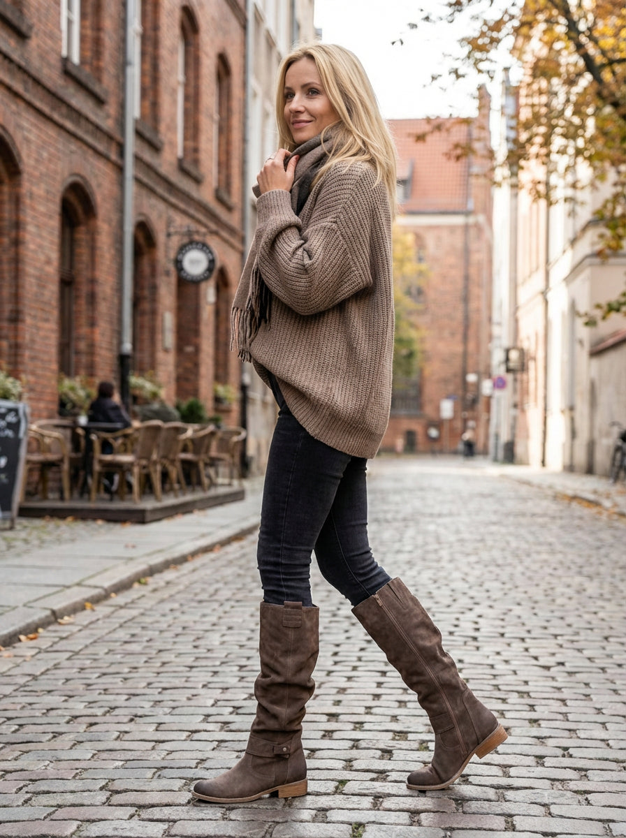 Damskie Kozaki z Zamszowym Wykończeniem | Wysoka Cholewka | Płaski Obcas | Stylowe na Jesień i Zimę