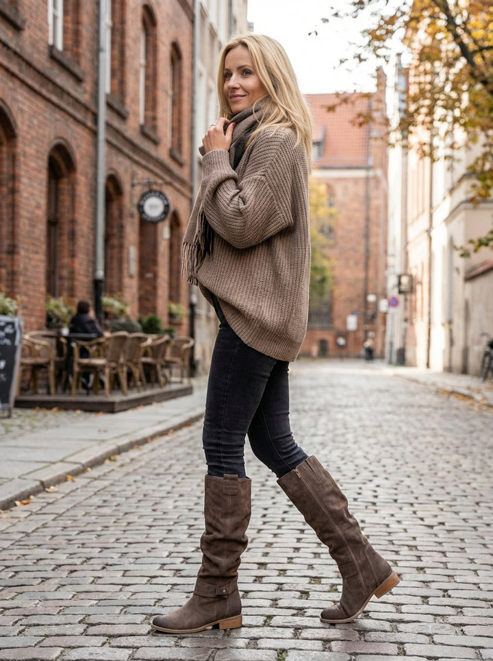 Damskie Kozaki z Zamszowym Wykończeniem | Wysoka Cholewka | Płaski Obcas | Stylowe na Jesień i Zimę