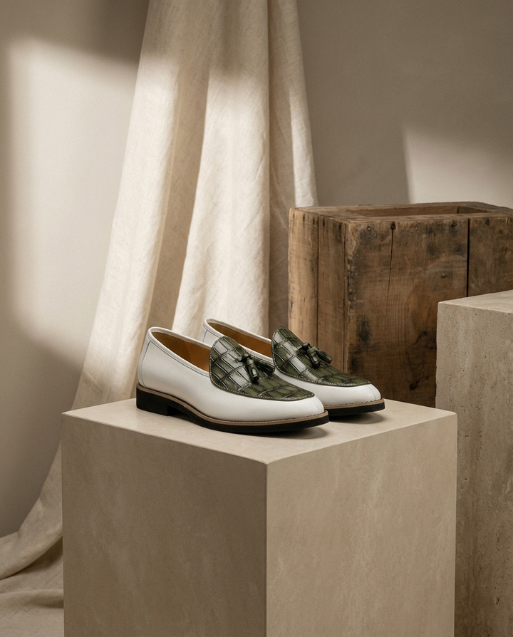 Mokasyny męskie skórzane | Klasyczny krój | Frędzle i wytłoczony wzór | Na co dzień