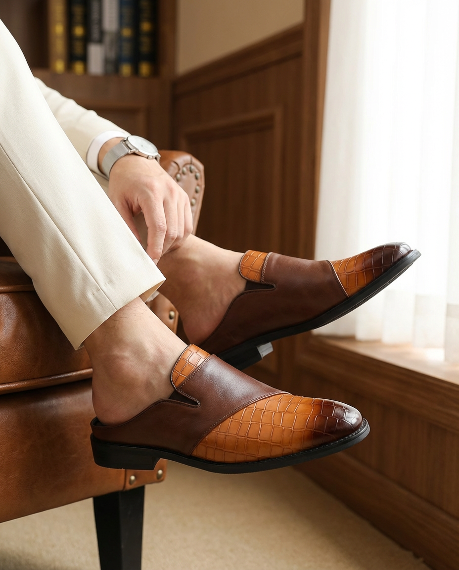 Buty Mule Męskie Stylowe | Wsuwana Konstrukcja | Teksturowana Cholewka | Na Wiosnę i Lato