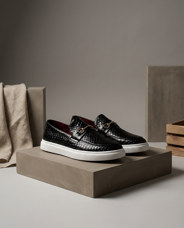 Mokasyny męskie skórzane | Klasyczny krój | Tłoczony wzór węża | Na co dzień