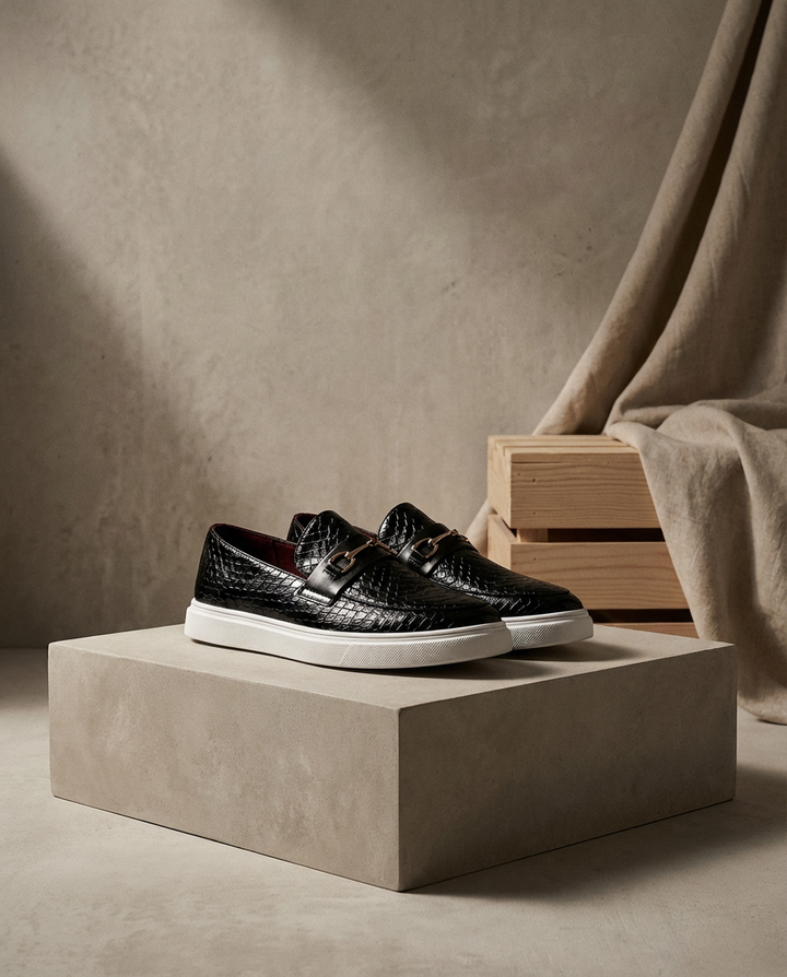 Mokasyny męskie skórzane | Klasyczny krój | Tłoczony wzór węża | Na co dzień