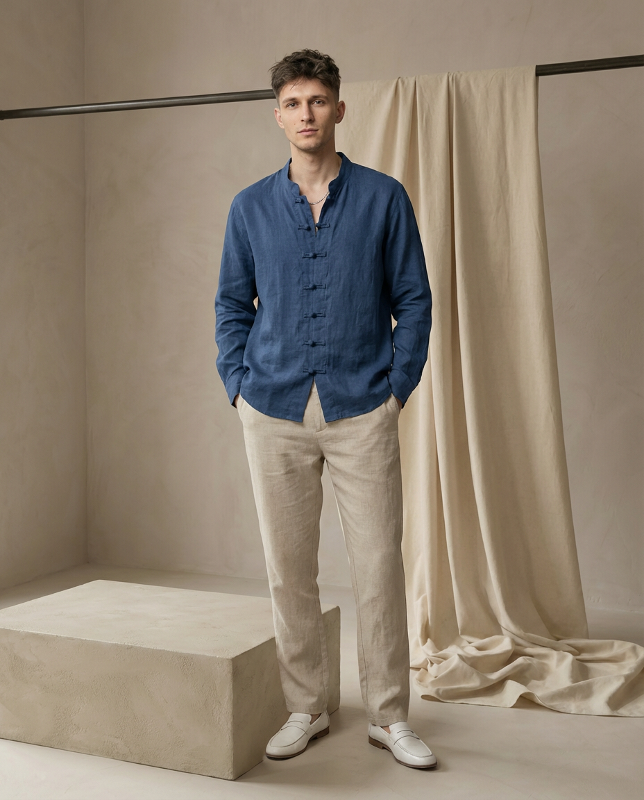 Koszula Męska Tradycyjna Koszula Lniana Męska | Regularny Krój | Oddychająca Tkanina | Na Co Dzień