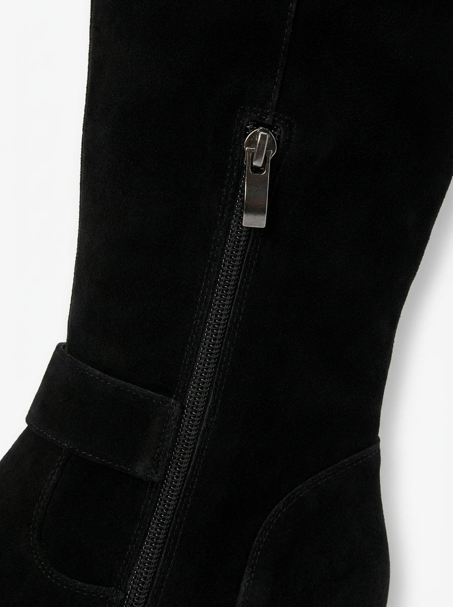 Damskie Kozaki z Zamszowym Wykończeniem | Wysoka Cholewka | Płaski Obcas | Stylowe na Jesień i Zimę