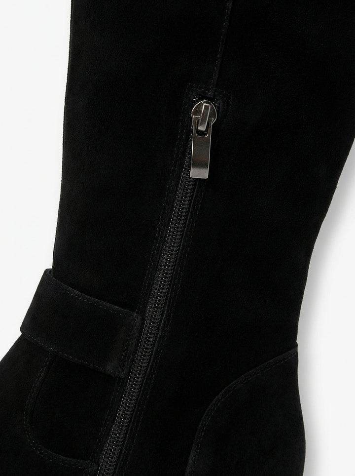 Damskie Kozaki z Zamszowym Wykończeniem | Wysoka Cholewka | Płaski Obcas | Stylowe na Jesień i Zimę