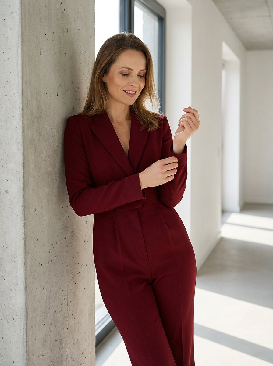 Elegancki Kombinezon Damski z Dekoltem w Serek | Marynarkowy Krój | Długie Rękawy | Szerokie Nogawki